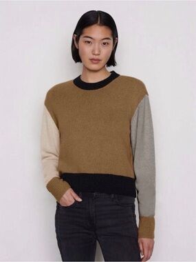 FRAME 100% Cashmere Colorblock Crewneck Sweater in Grey, Brown, Black, and Cream